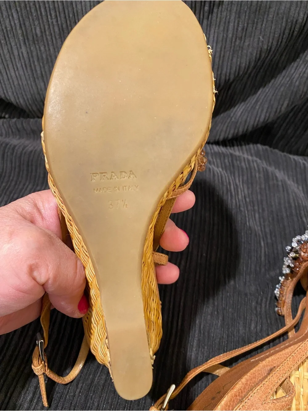 Prada Tan Crystal-Embellished Wedge Sandals